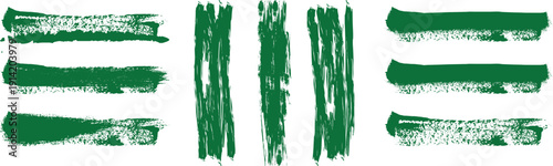 Set of green grunge brush strokes, textured ink banners, and organic hand-drawn paint lines isolated on white background