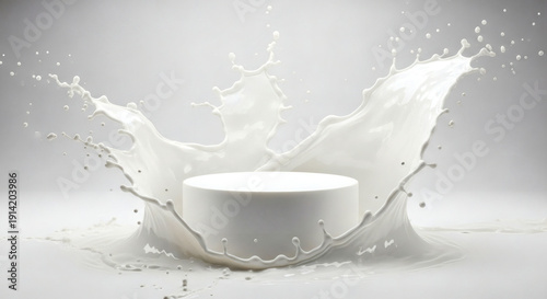 Milk splash around white cylinder on gray background