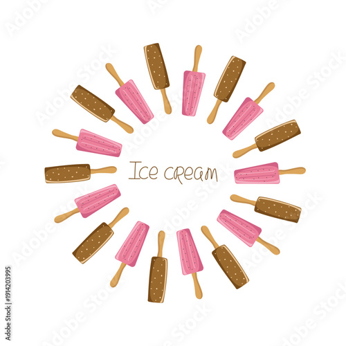 Ice cream set, frame, banner. Chocolate and fruit cool dessert. Summer coolness, frozen juice, food. Color illustration. Hand lettering. Isolated background.