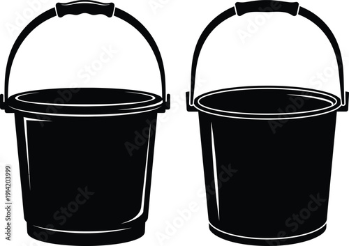 Two black buckets with handles on a white background