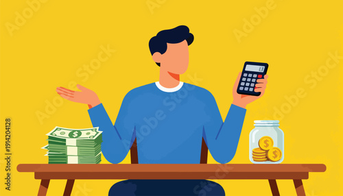 A man with a calculator gestures next to stacks of money and a jar of coins