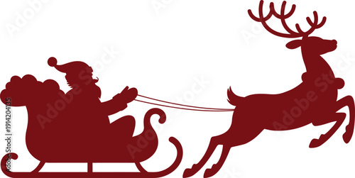 A festive holiday silhouette of Santa Claus riding in his sleigh pulled by reindeer across a white background.