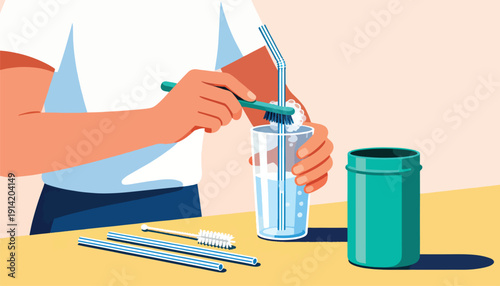 Hand cleans a reusable straw in a glass of water with a brush