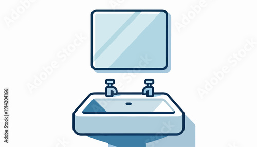 Simple illustration of a bathroom sink with two faucets and a rectangular mirror above