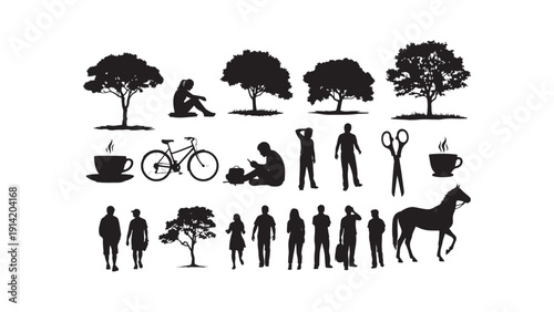 black silhouettes of people trees and objects on white background