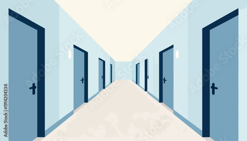 An endless hallway with rows of doors on either side, receding into the distance
