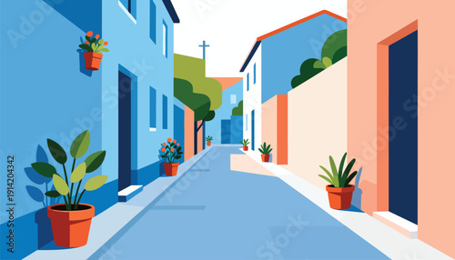 Sun-drenched alleyway with potted plants and buildings