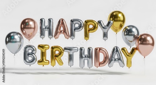 Happy birthday foil letter balloons and round balloons on white background