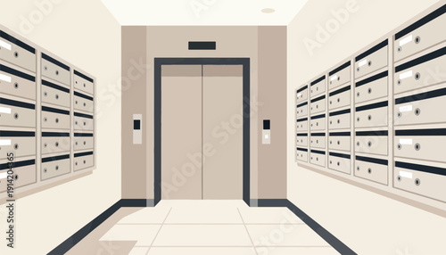 Apartment building hallway with mailboxes flanking an elevator door