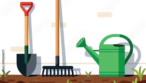 Shovel, rake, and watering can ready for gardening in rich soil