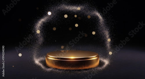 Golden podium with sparkling particles and bokeh lights on black background