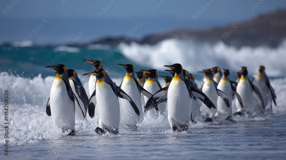 Obraz premium King penguin colony returning from the sea to a rocky beach with ocean waves and blue sky in the background, south Georgia, Antarctica