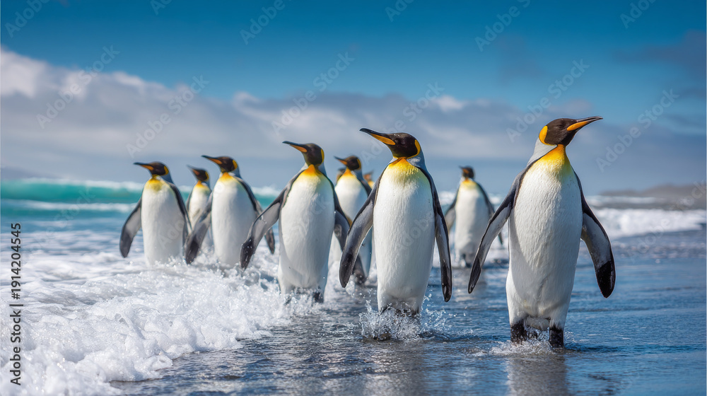 Obraz premium King penguin colony returning from the sea to a rocky beach with ocean waves and blue sky in the background, south Georgia, Antarctica