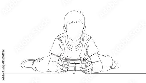 Minimalist Line Art Illustration of a Young Child Engaged in Gaming, Lying Down and Focused on the Controller, Depicting Childhood Entertainment and Digital Playtime