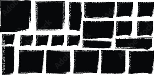 Set of black grunge square frames and rectangular ink textures, hand-drawn charcoal box borders isolated on white background