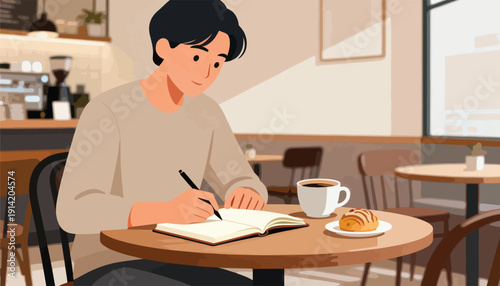 A young person enjoys coffee, pastry, and journaling at a cozy cafe table
