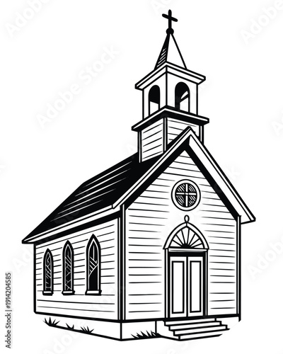 Traditional Wooden Church with Steeple and Arched Windows building architecture