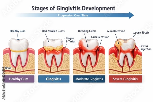 Visual showing four stages of gingivitis development from healthy gums to severe gingivitis with details about gum health.