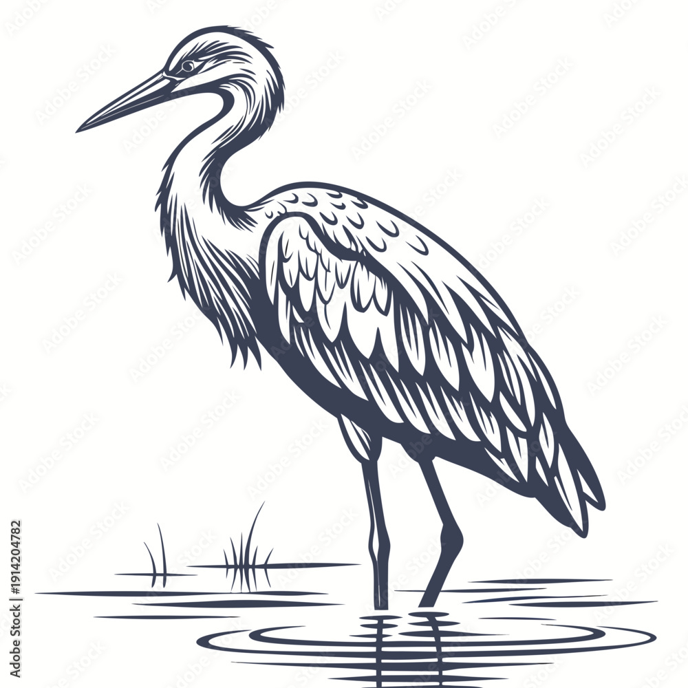 Fototapeta premium Heron standing in water with ripples and grass bird