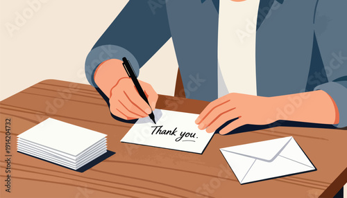 Hands writing a thank you note with pen, paper stack, and envelope