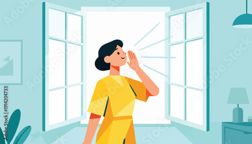 A woman in a yellow dress calls out, her hand cupping her mouth, near an open window