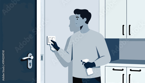 Person wearing gloves, cleaning a light switch with a spray bottle