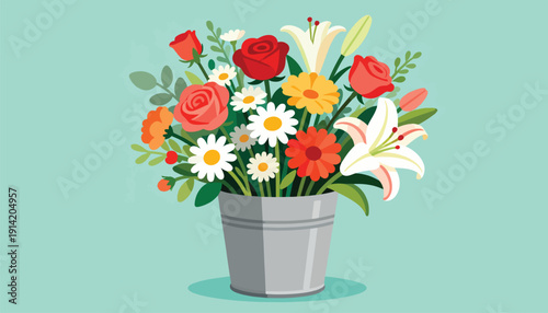 Vibrant bouquet of assorted flowers in a metallic bucket