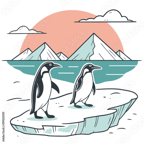 Two penguins stand on an ice floe with mountains and a sun in the background animal wildlife