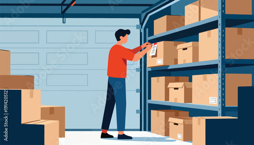 Man organizing boxes in a storage unit with a large garage door