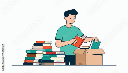 A person sorts through stacks of books, placing some into a cardboard box