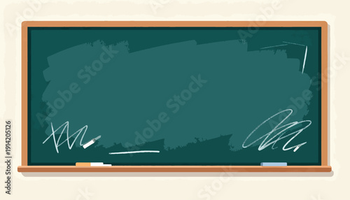 Empty green blackboard with chalk marks and erasers