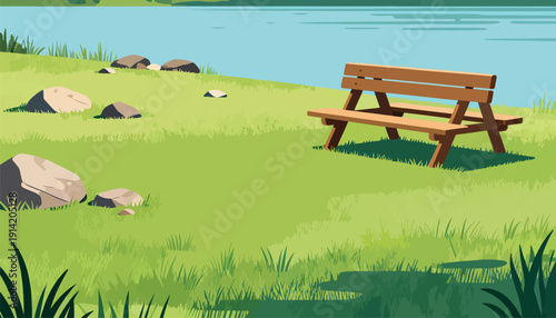 A solitary wooden bench sits on a grassy knoll overlooking a tranquil lake