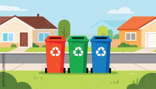 Three recycling bins in front of suburban houses with a blue sky