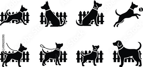 Black dog icon set silhouettes fence pets