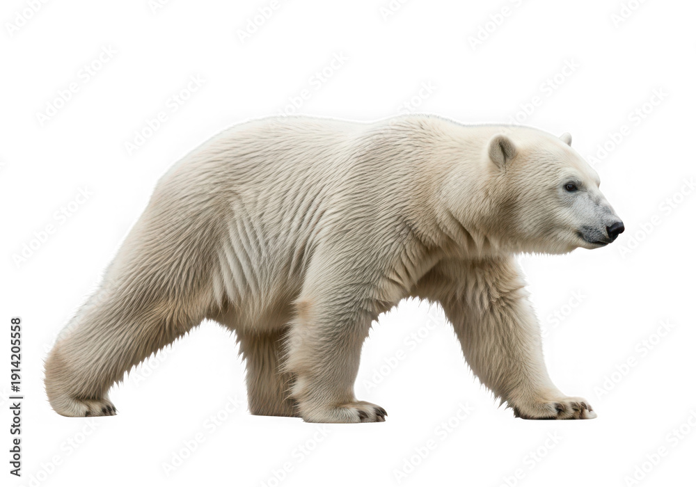 Fototapeta premium Side profile of a polar bear in motion, walking with a steady stride. Clean cut-out for versatile use in your projects.
