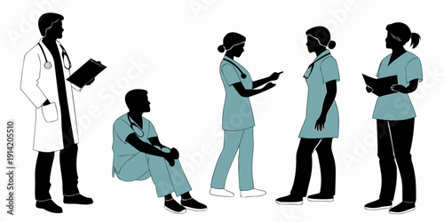 Diverse group of healthcare professionals and patients in a medical setting