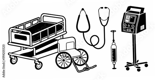 Medical equipment including a hospital bed, stethoscope, and other devices.