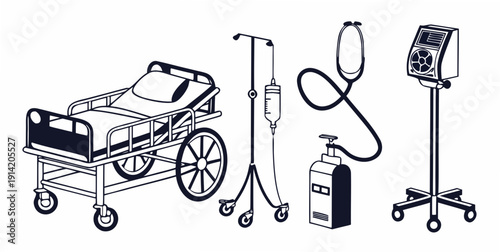 Medical equipment including a hospital bed, iv stand, and monitoring devices