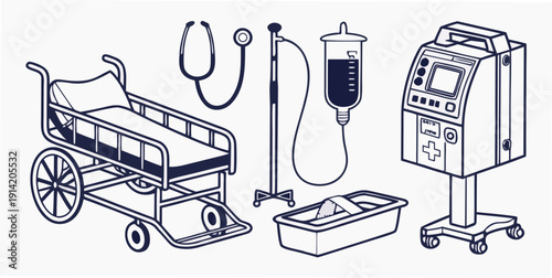 Medical equipment and supplies arranged on a table and stand