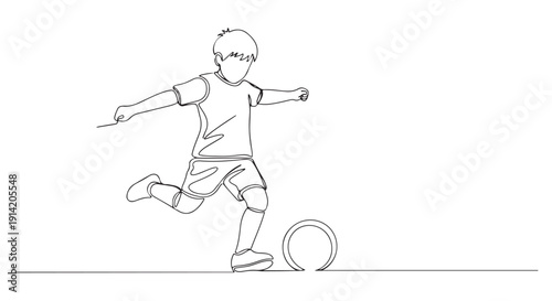One line drawing of a young boy kicking a soccer ball with motion and athleticism in a minimalist style