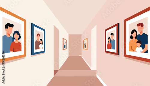 Hallway adorned with framed family portraits, leading to a distant vista