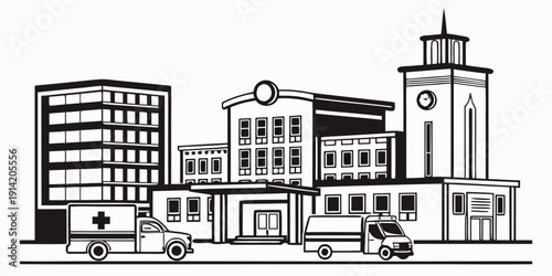 A bustling cityscape featuring a prominent clock tower and various buildings