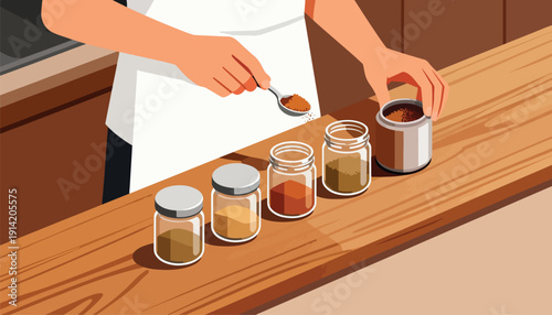 Hands preparing spices in jars on a wooden counter