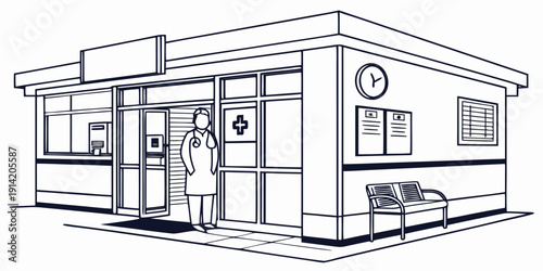 A person standing at the entrance of a medical clinic with a reception desk and waiting area.