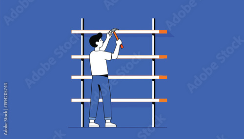 Person building a shelf using a hammer on blue background