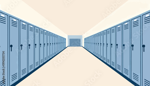 A long, empty hallway lined with rows of blue lockers