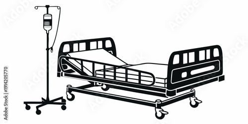 A hospital bed with an attached iv stand and a pillow on the mattress