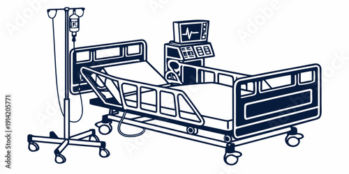 Modern hospital bed with medical equipment and monitor for patient care