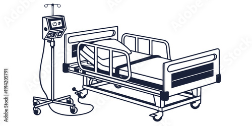A hospital bed with attached medical equipment and a stand for intravenous fluids.