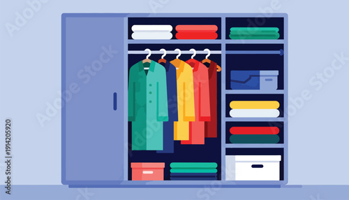 A closet with hanging garments and neatly stacked folded clothes and storage boxes